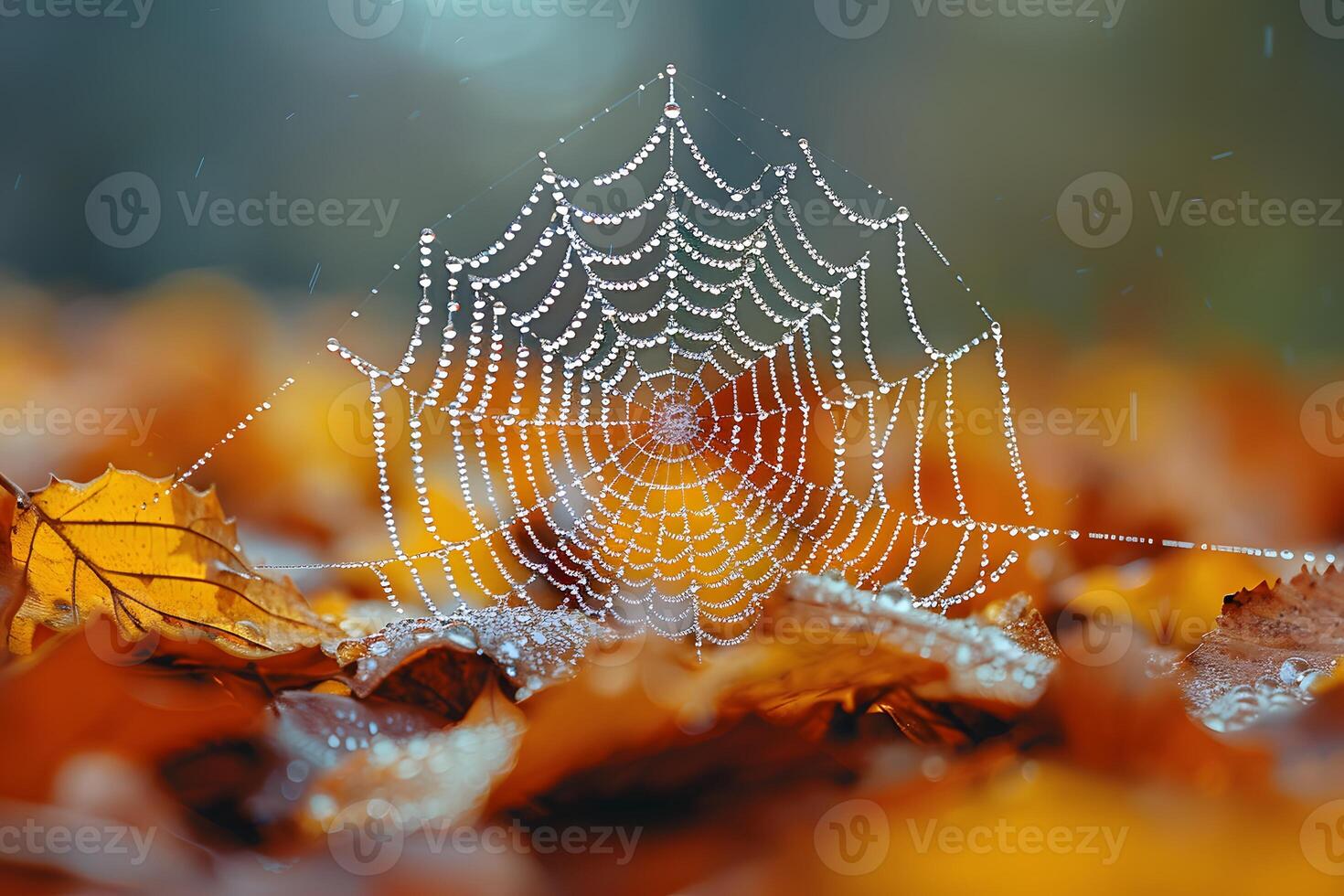 Autumn Dewy Spiderweb in Morning Sunlight on Fallen Leaves - Nature, Macro Photography, Stock Image for Seasonal Designs photo