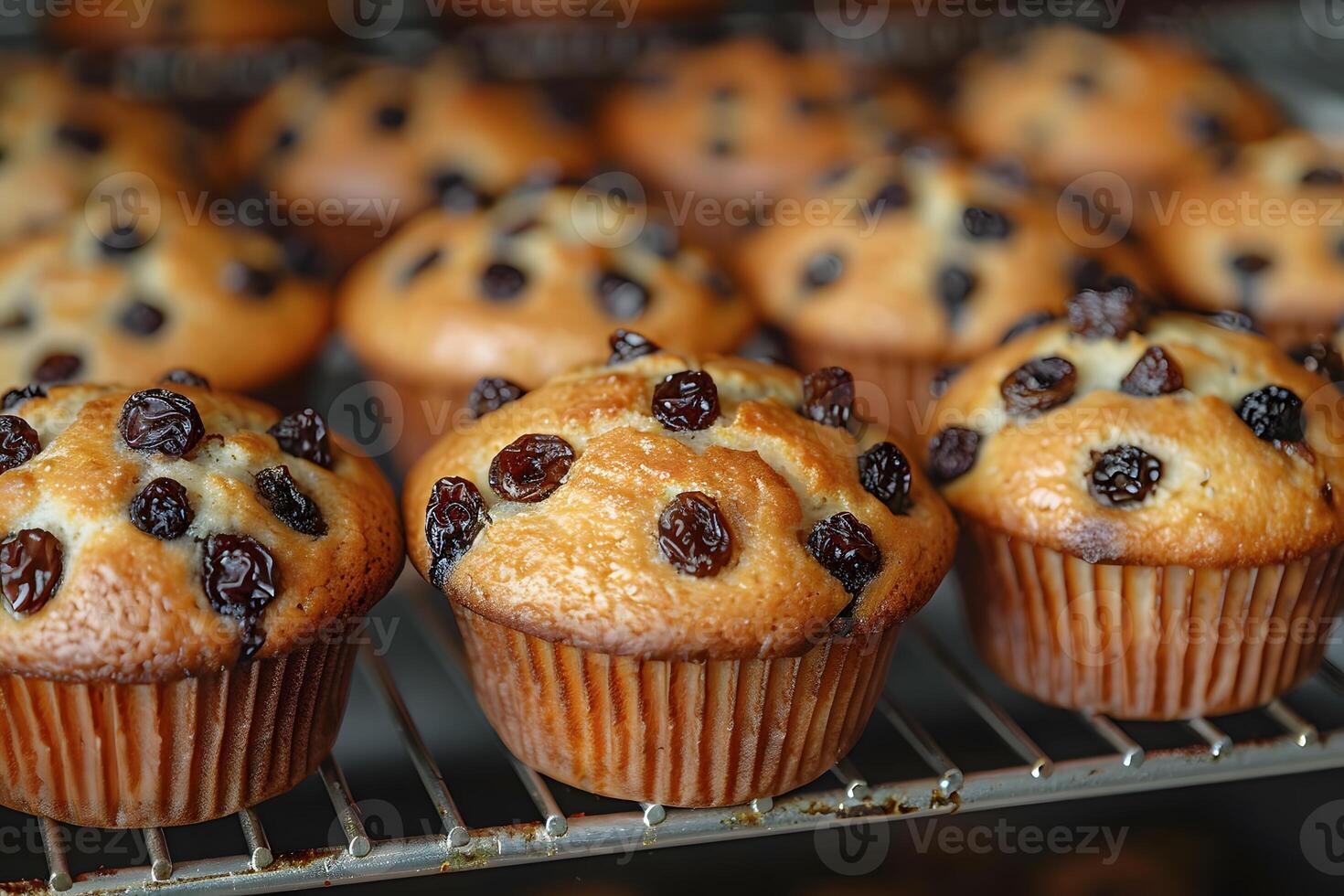 Freshly Baked Raisin Muffins Cooling on a Rack - Perfect for Breakfast or Dessert photo