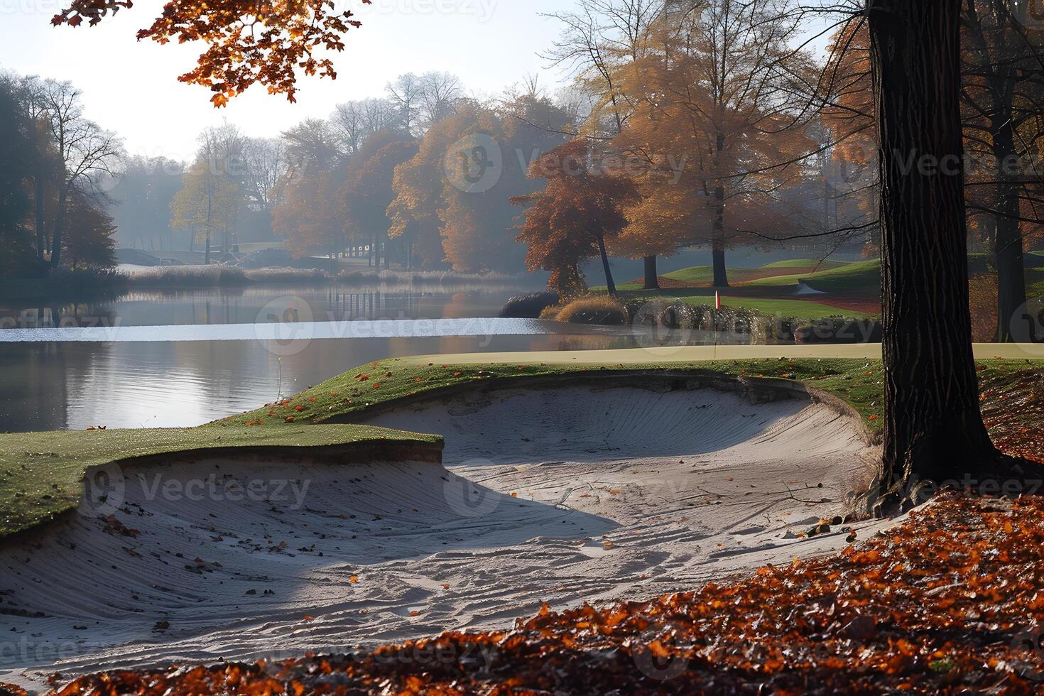 Autumn Golf Course Landscape with Sand Bunkers by a Tranquil Lake Beautiful Seasonal Nature for Posters and Prints photo