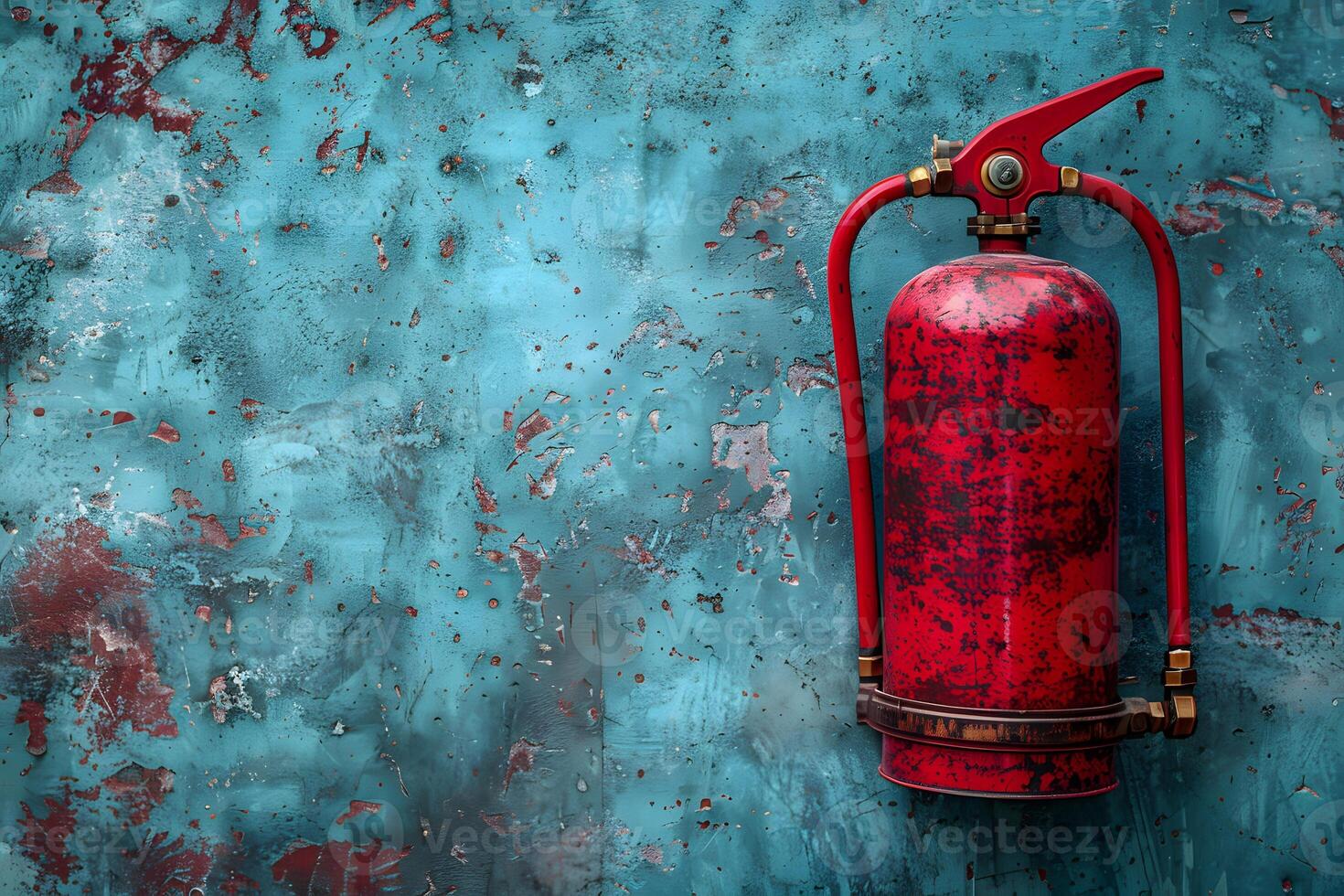 Industrial Safety Concept with Vintage Red Fire Extinguisher on Rusty Turquoise Background - Design for Posters, Safety Campaigns photo