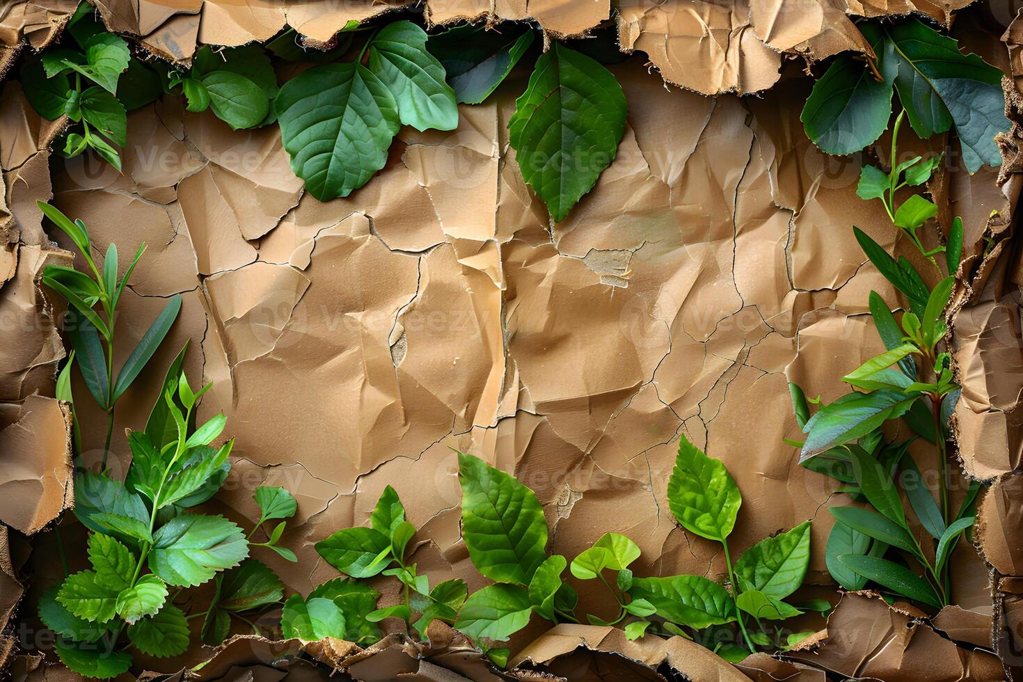 Nature-Inspired Background with Green Leaves on Crumpled Brown Paper for Eco-Friendly Designs photo