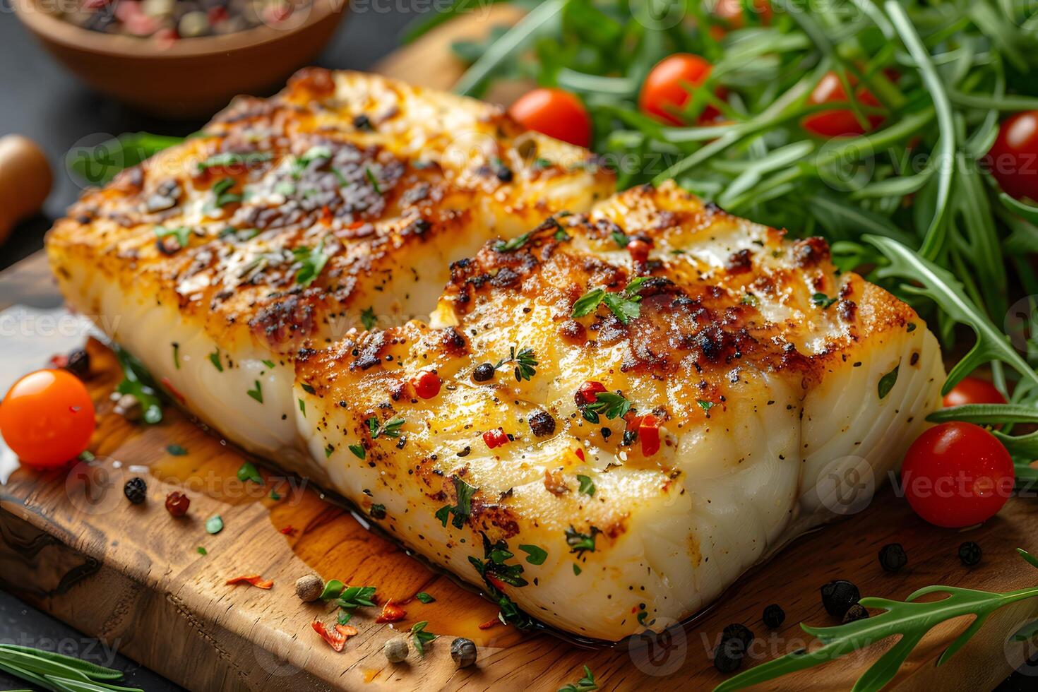 Grilled Cod Fillets with Herbs and Cherry Tomatoes - Perfect for Seafood Recipes and Culinary Designs photo
