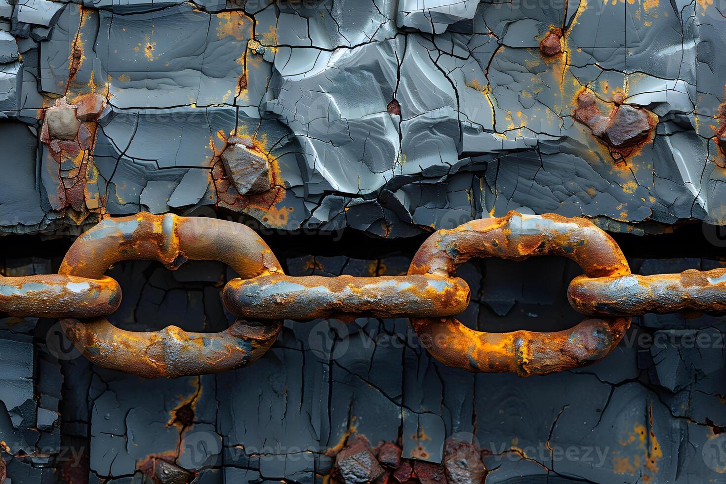 Close-Up of Rusted Metal Chains and Textured, Weathered Surface for Industrial and Construction Themes photo