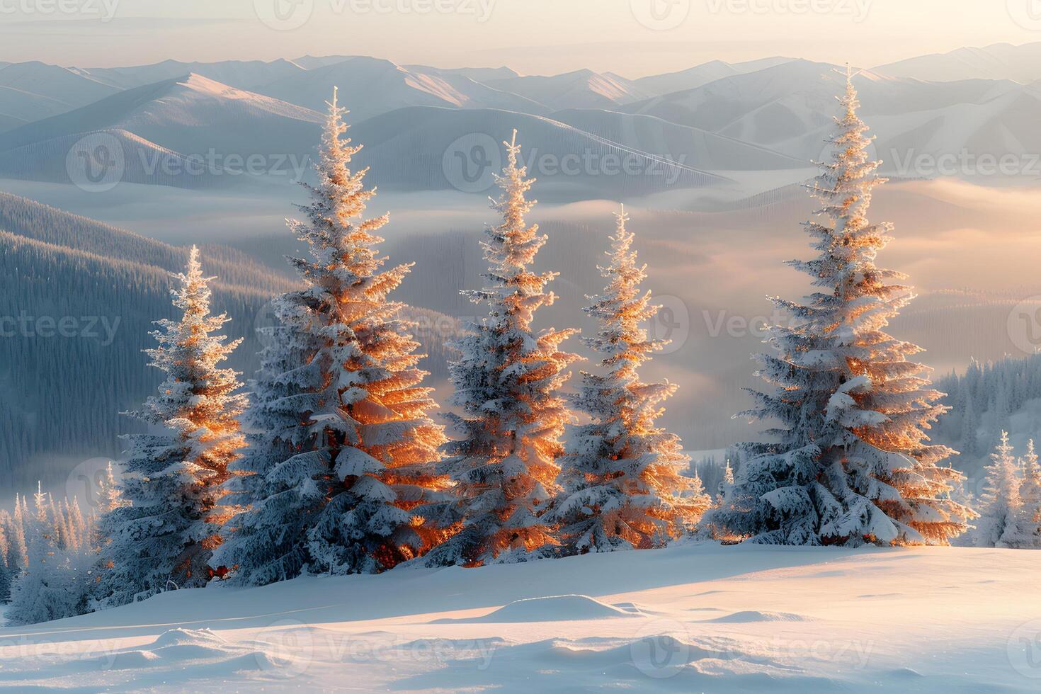 Winter Wonderland Landscape with Snow-Covered Trees and Mountain View at Sunrise photo