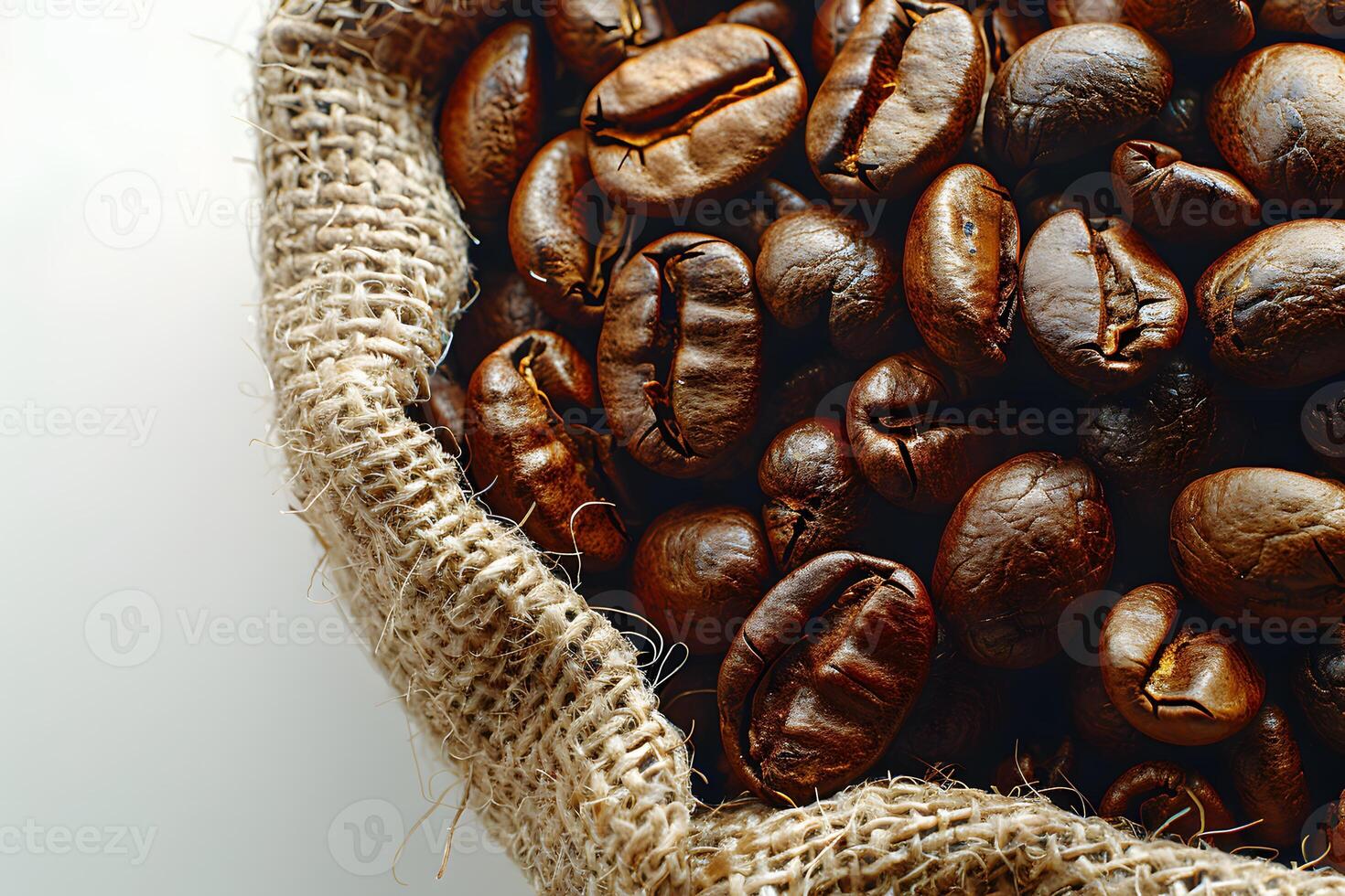 Freshly Roasted Coffee Beans in Burlap Sack for Premium Brewing and Aroma photo
