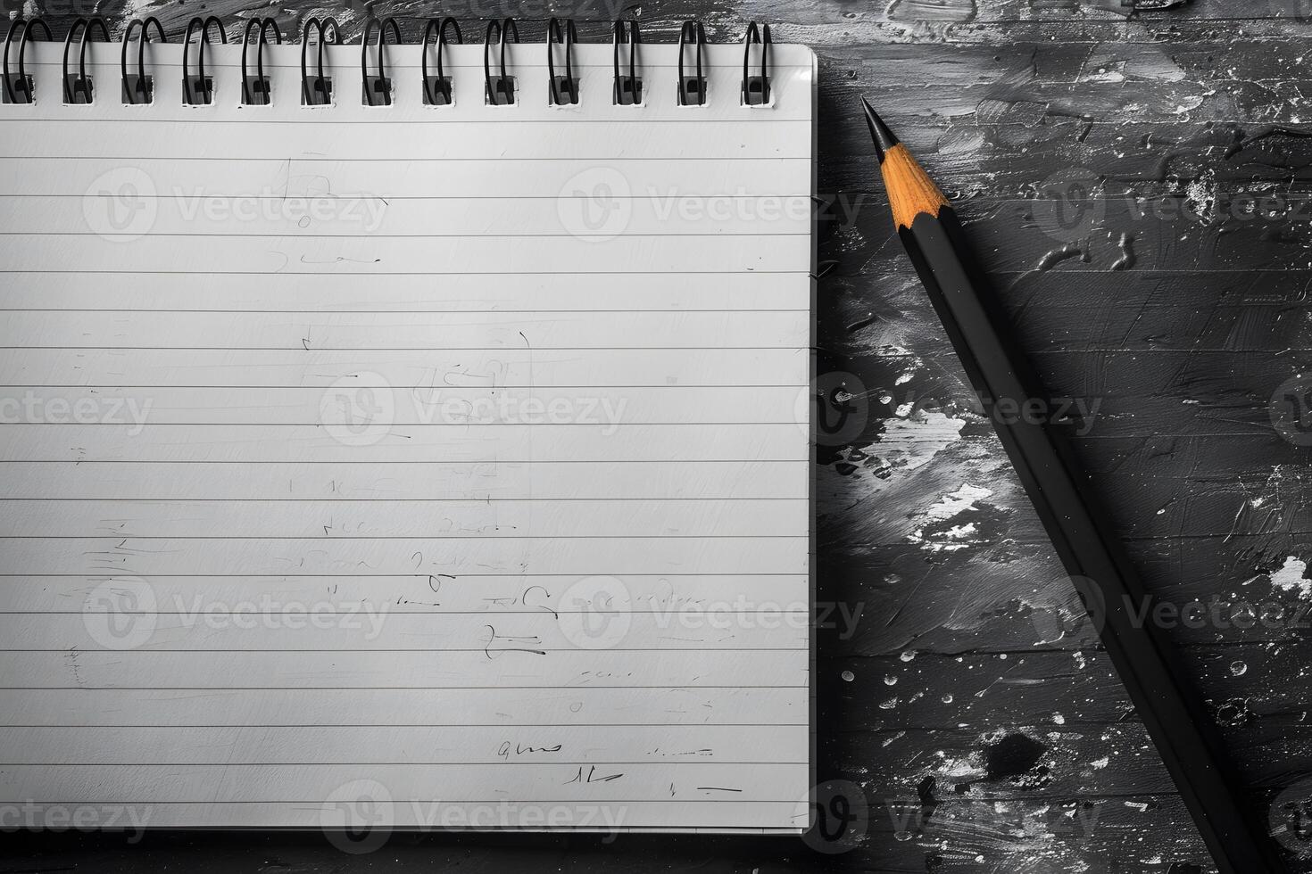 Blank Spiral Notebook with Pencil on Black Artistic Background Design for Creative Projects, Sketching, and Note-taking photo