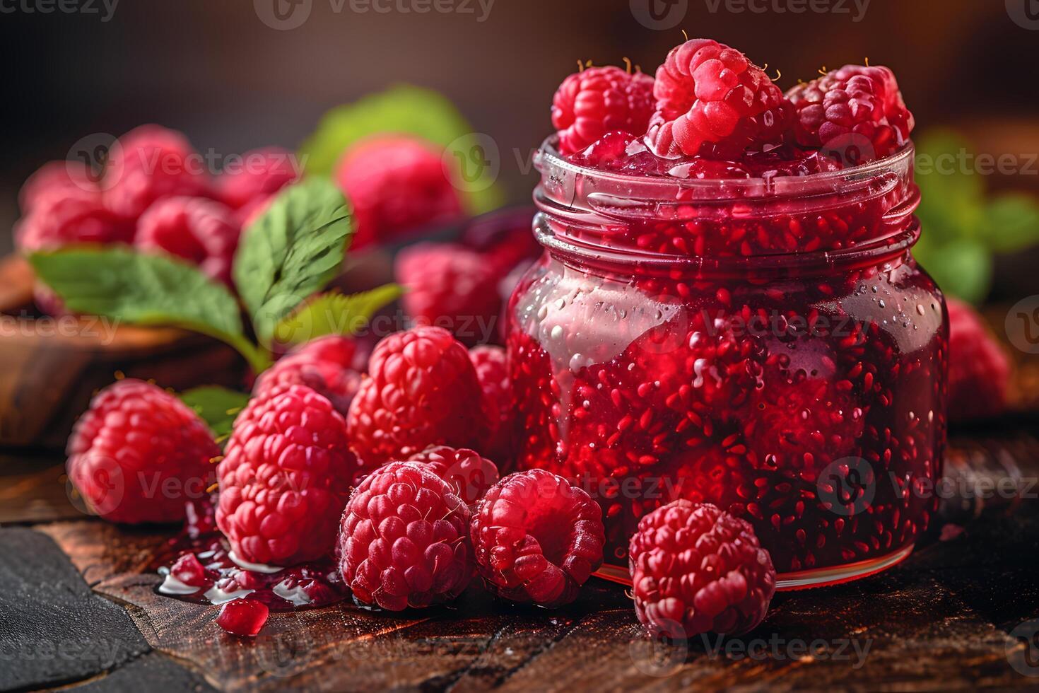 Homemade Raspberry Jam in Glass Jar with Fresh Berries - Rustic Kitchen Design for Poster, Card, Recipe Book photo