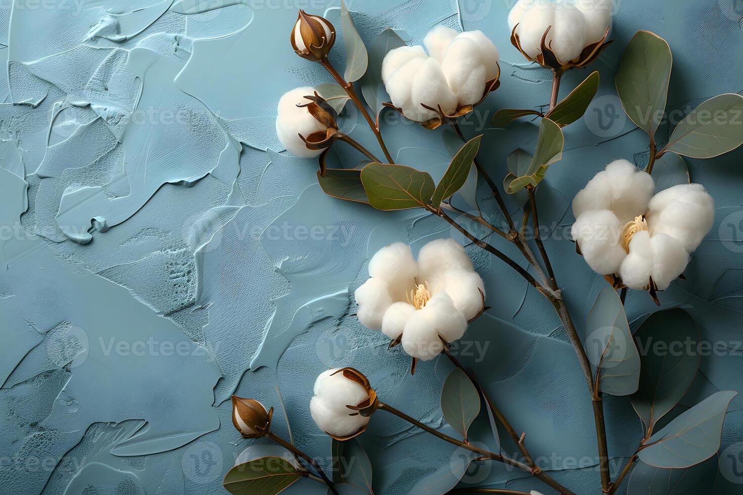 Elegant Cotton Branches on Textured Blue Background - Perfect for Natural Design, Decor, and Botany Themes photo