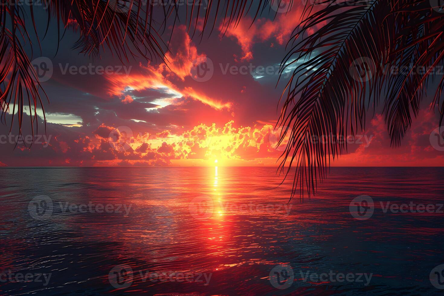Breathtaking Tropical Sunset Beach Scene with Palm Leaves Framing the Horizon photo