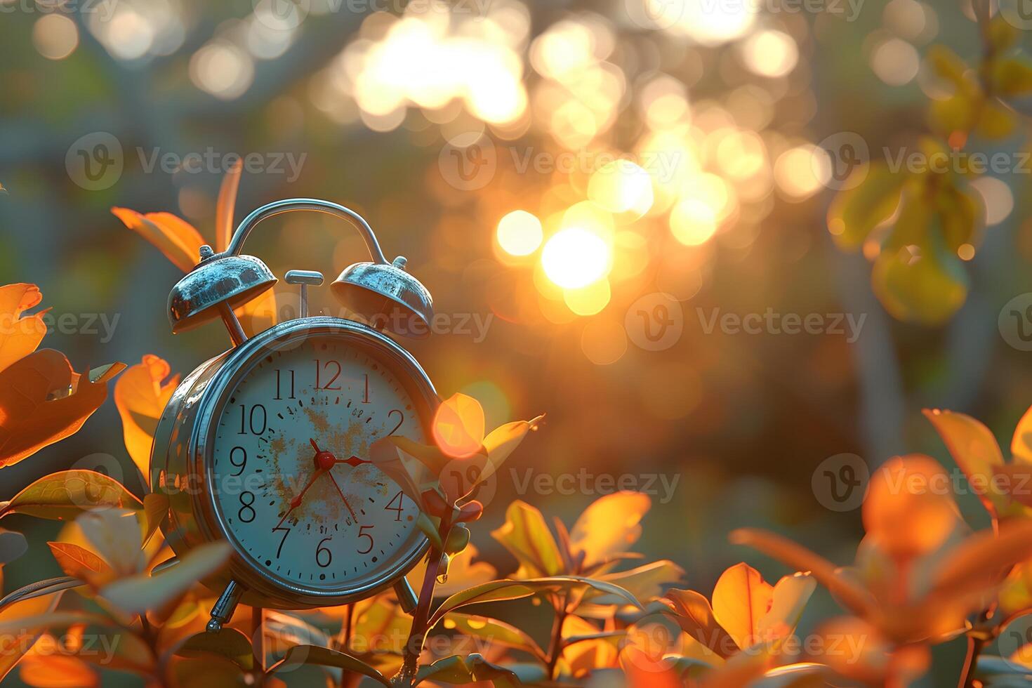 Vintage Alarm Clock in Garden during Golden Hour - Nature and Time Concept for Background and Design photo