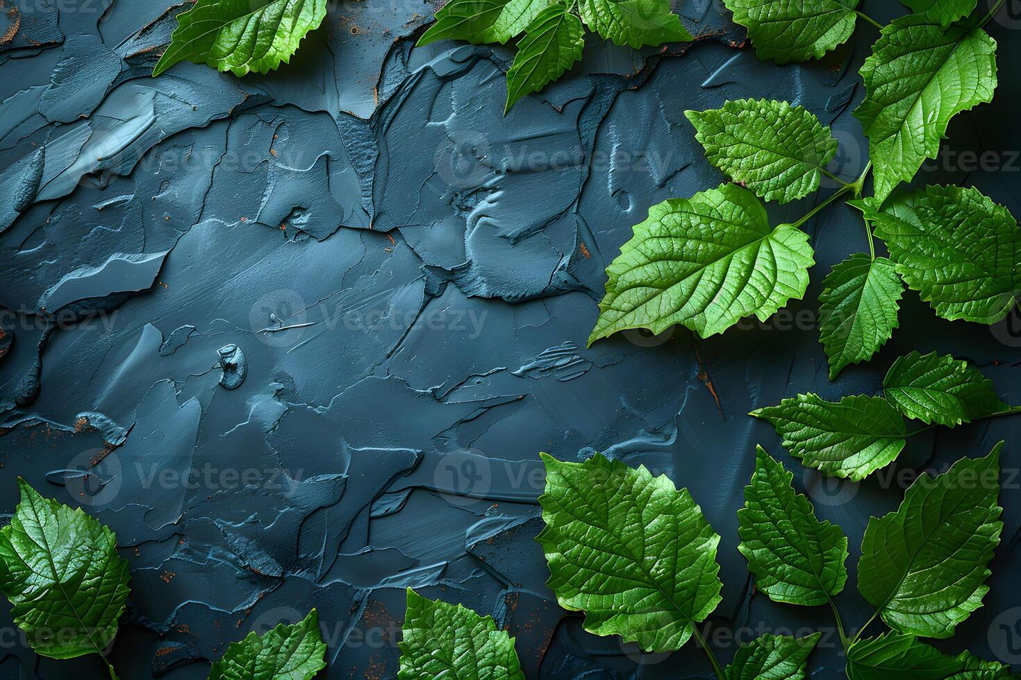 Nature-Inspired Textured Blue Background with Green Leaves - Ideal for Design, Decor, or Print photo
