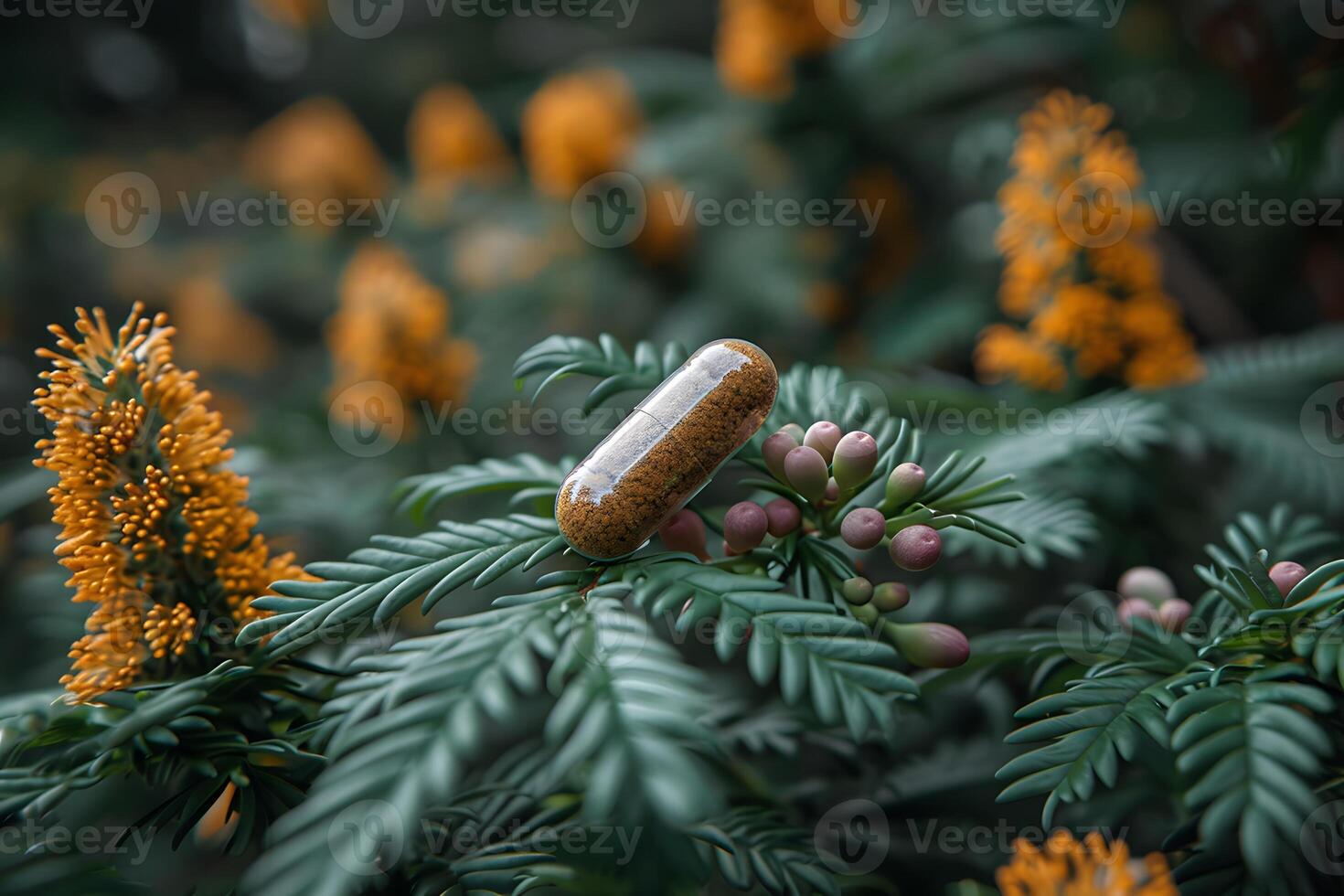 Herbal Supplement Capsule on Natural Plant with Yellow Blossoms - Organic Health and Wellness Concept photo