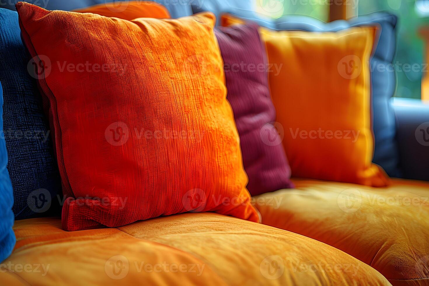 Vibrant Orange and Yellow Cushions on a Cozy Sofa - Interior Design Inspiration for Relaxing Spaces photo
