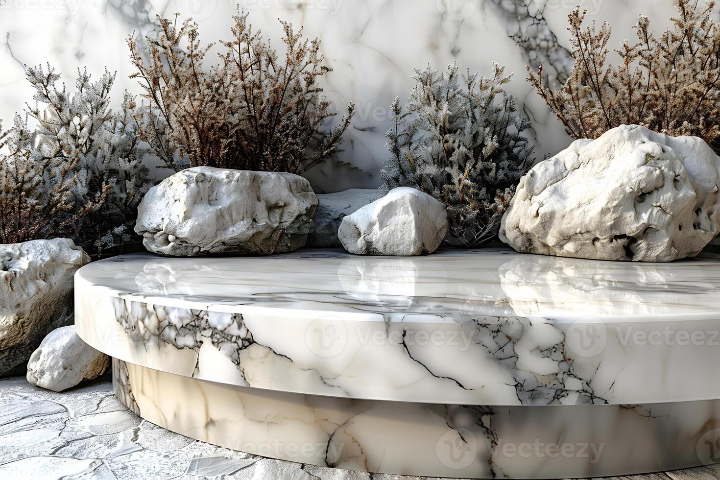 Elegant Marble Outdoor Platform with Rocks and Shrubs - Ideal for Nature-Inspired Designs photo