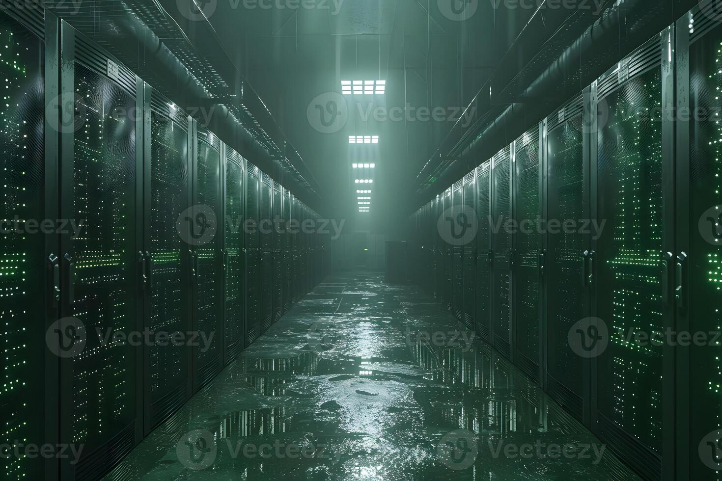 Futuristic Data Center with Rows of Server Racks in Ambient Green Light for Technology Background photo