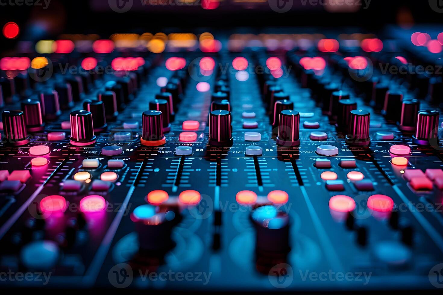 Vibrant Music Studio Sound Mixer with Glowing Controls and Faders - Ideal for Music Production, Audio Engineering, Poster Design photo