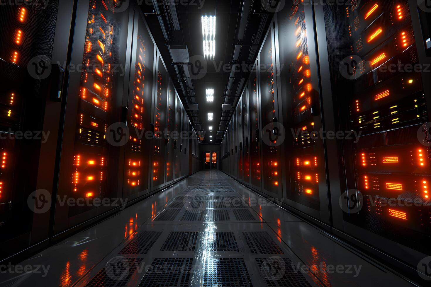 High-Tech Data Center Server Room with Advanced Network Equipment and Bright LED Lights photo