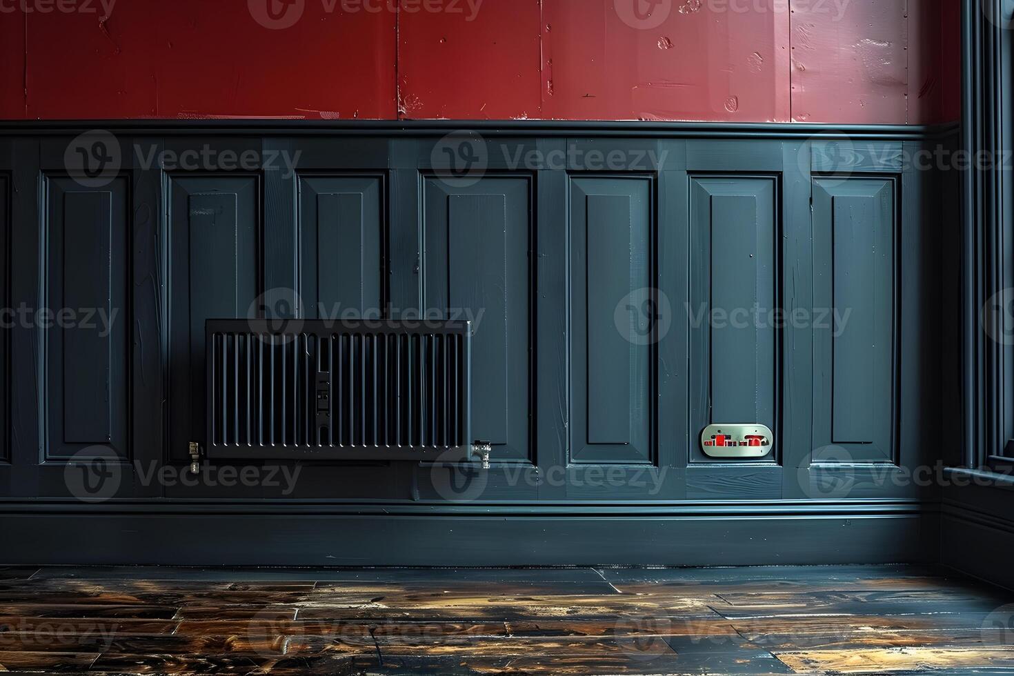 Vintage Interior Design Red and Blue Room with Classic Wainscoting and Radiator photo