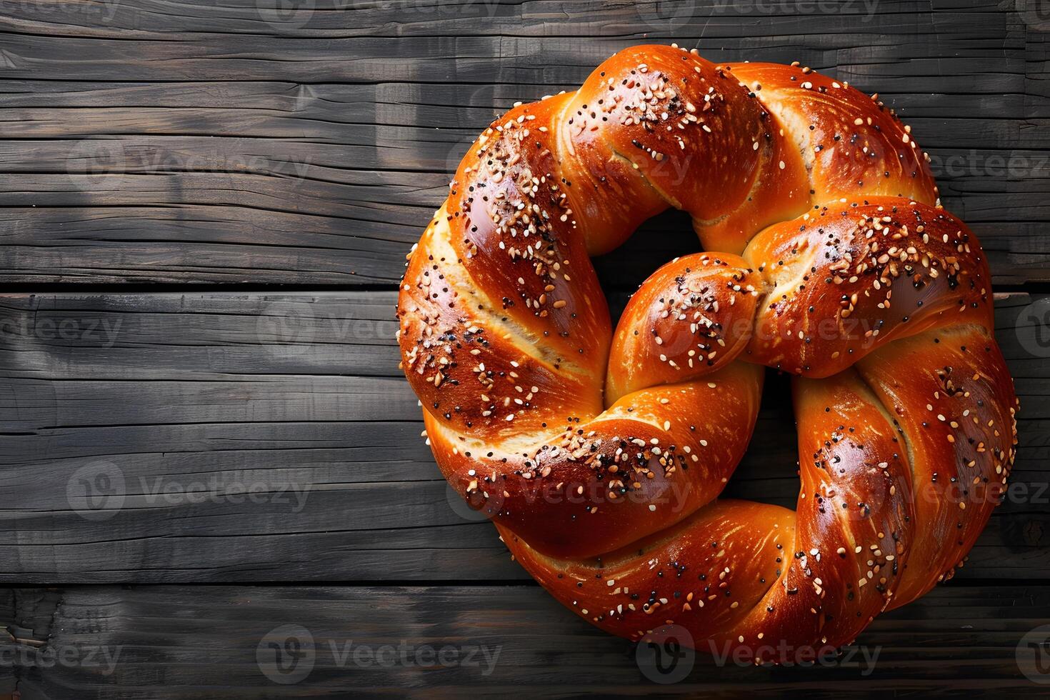 Freshly Baked Challah Bread Ring on Rustic Wooden Table - Perfect for Bakery Menus and Food Blogs photo