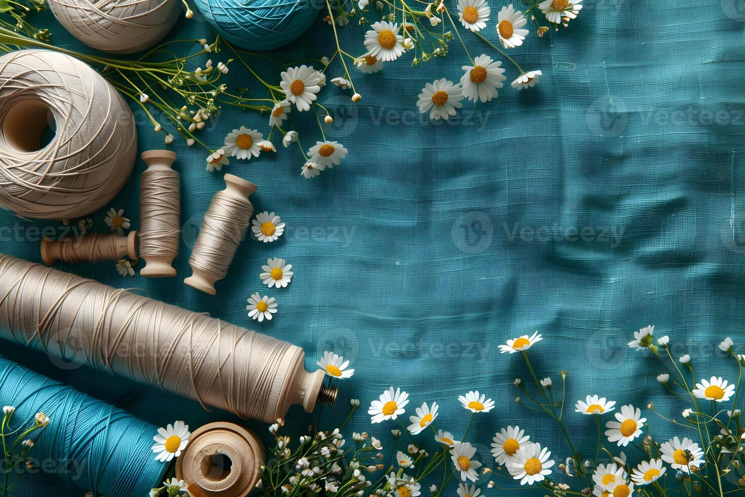 Spring Craft Background with Daisies and Thread Spools for DIY Projects and Decoration photo