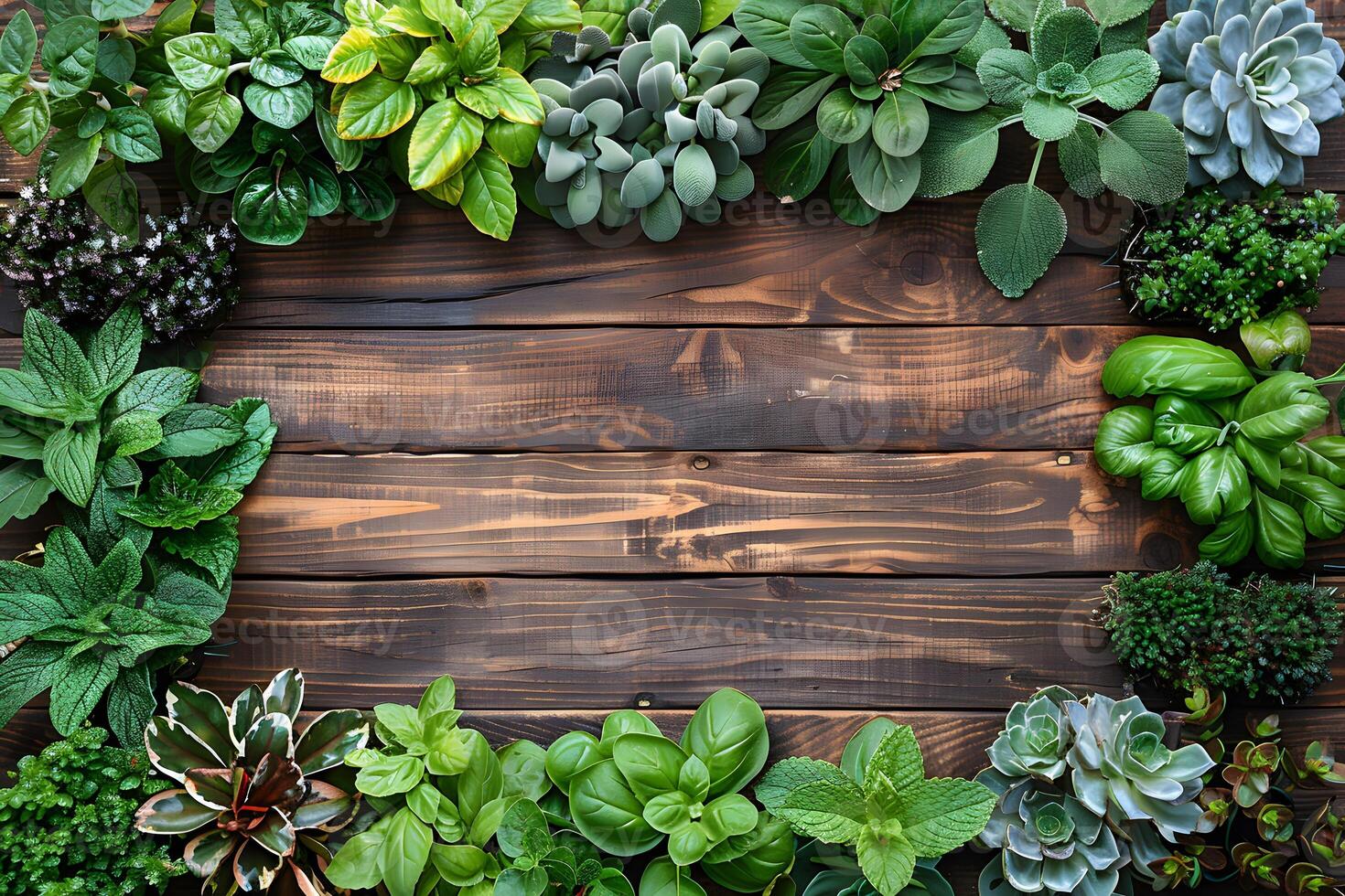 Summer Herb Garden Arrangement on Rustic Wooden Table, Perfect for Organic Cooking and Nature-Inspired Designs photo