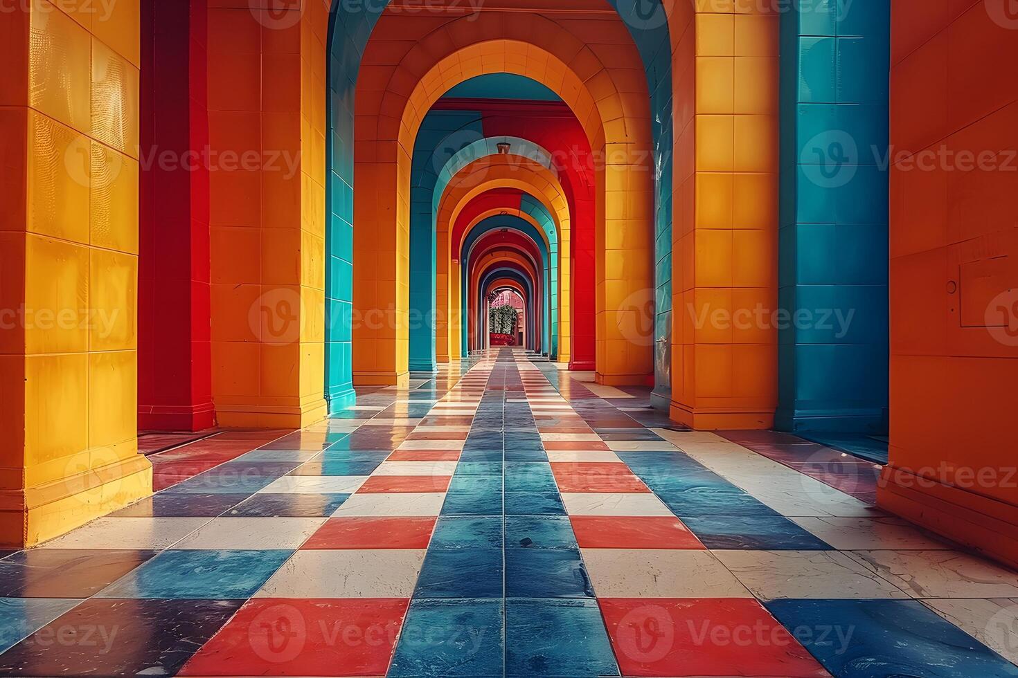 Colorful Architectural Arches and Checkerboard Floor Design for Posters or Prints photo