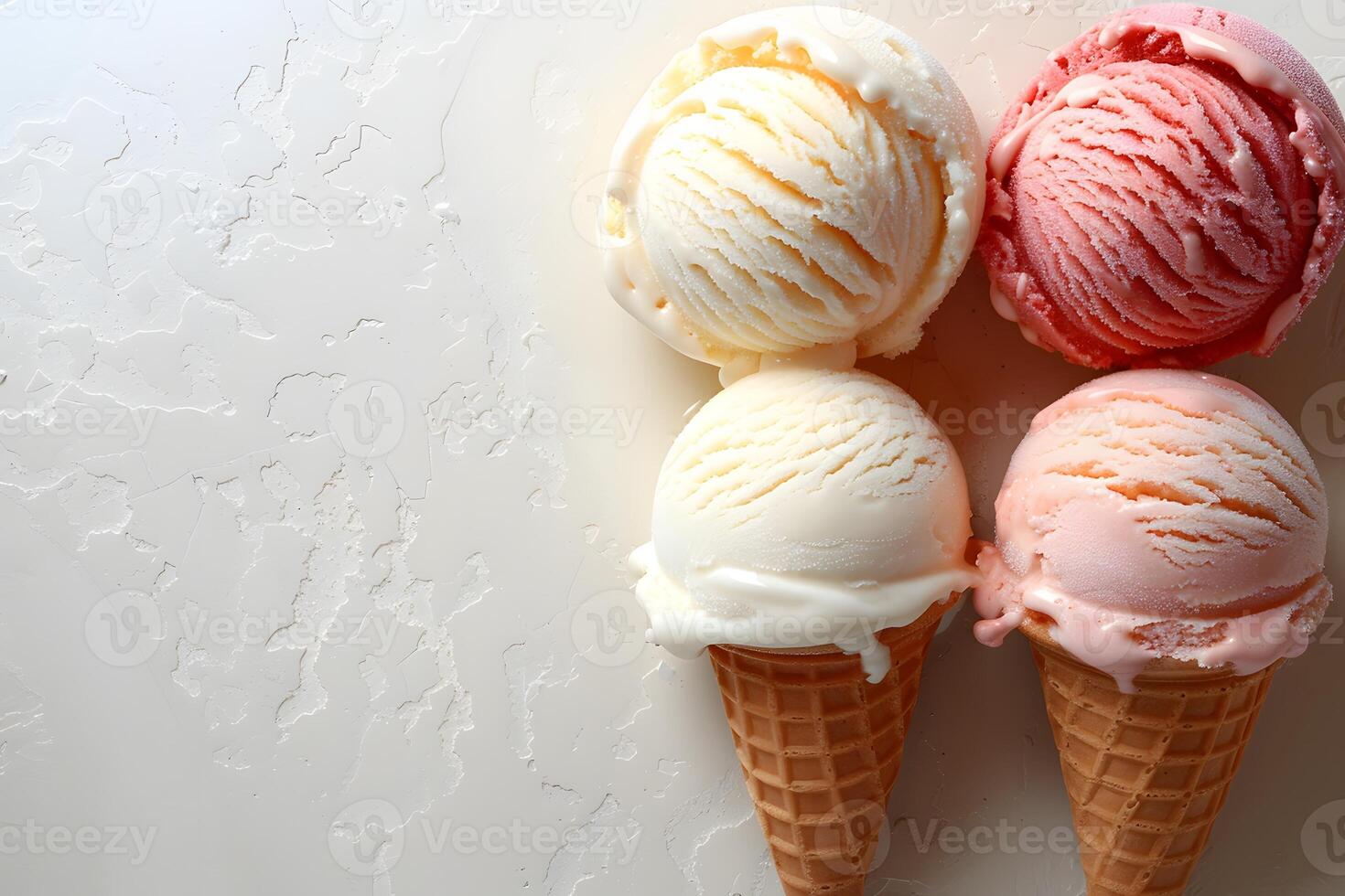 Delicious Ice Cream Scoops on Waffle Cones Perfect for Summer Desserts and Food Advertising photo