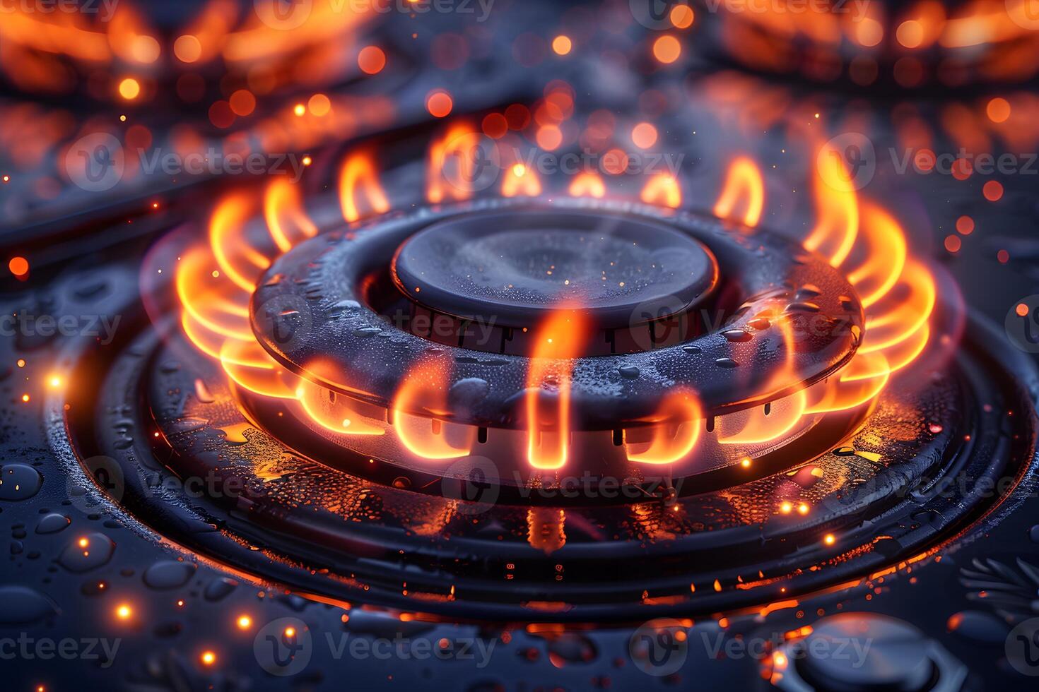 Close-Up of a Gas Stove Burner with Blue Flames and Bokeh Background for Kitchen Design Use photo