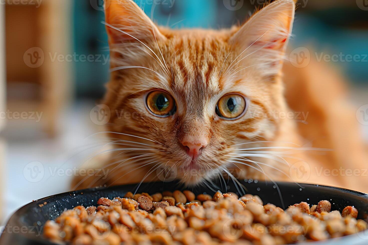 Curious Orange Tabby Cat with Striking Eyes Close-Up, Eating Pet Food - Ideal for Pet Care, Nutrition Advertisement, and Animal Photography photo