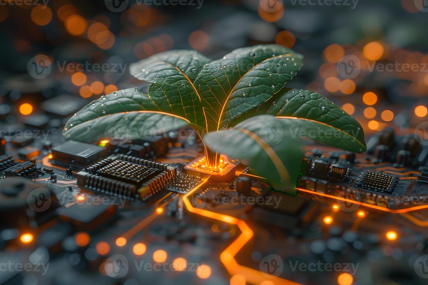 Sustainable Tech Growth Green Plant on Electronic Circuit Board - Eco-Friendly Technology Concept photo