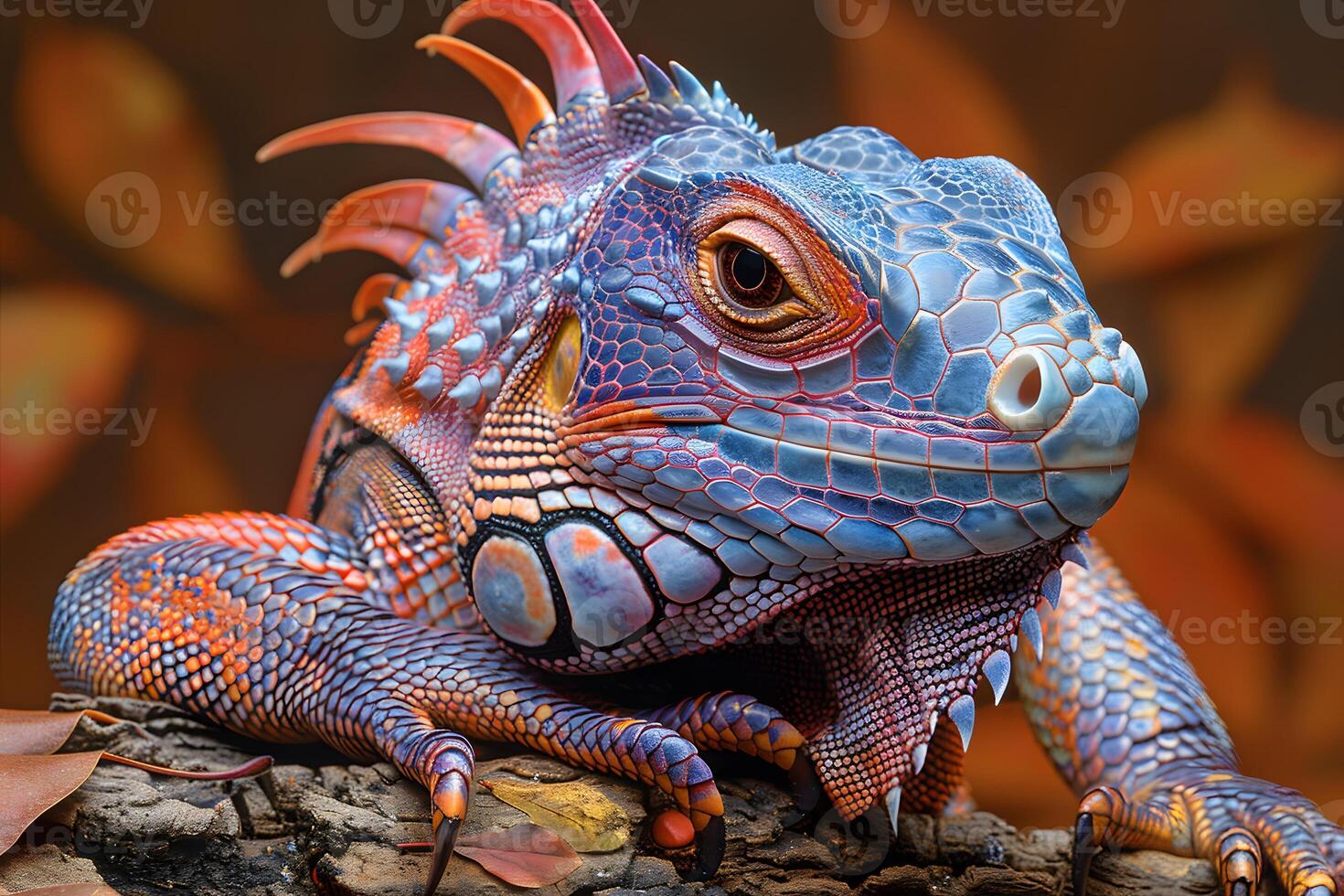 Vibrant Blue and Orange Iguana Detailed Reptile Portrait for Design, Print, Card, Poster photo