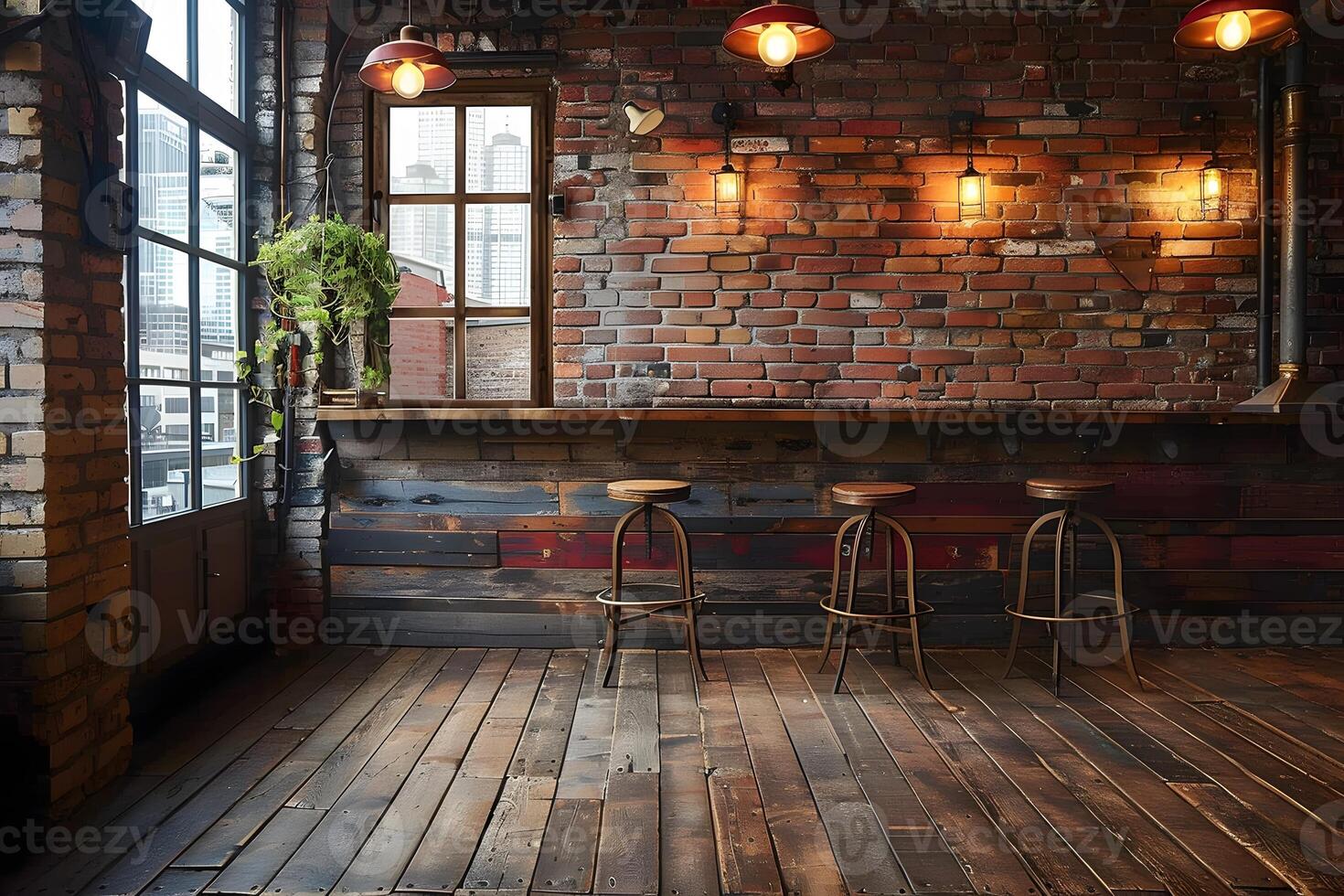 Cozy Industrial-Style Cafe Interior with Exposed Brick Walls and Wooden Furniture for Design Inspiration photo