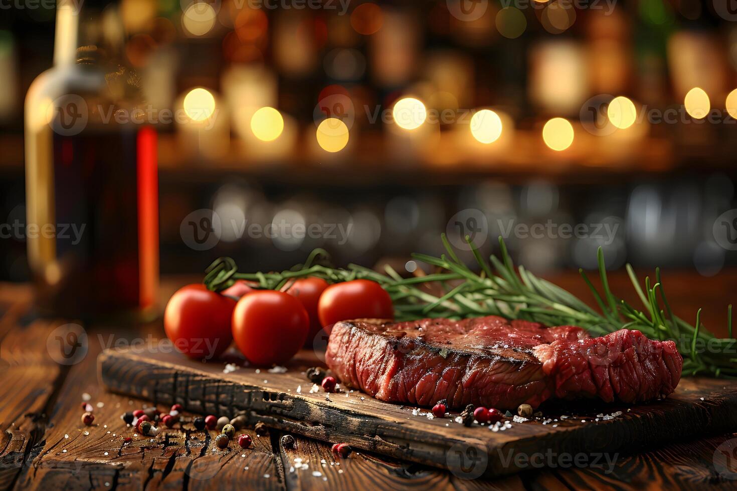 Gourmet Raw Steak with Fresh Tomatoes and Herbs on Wooden Board in Dimly Lit Kitchen photo