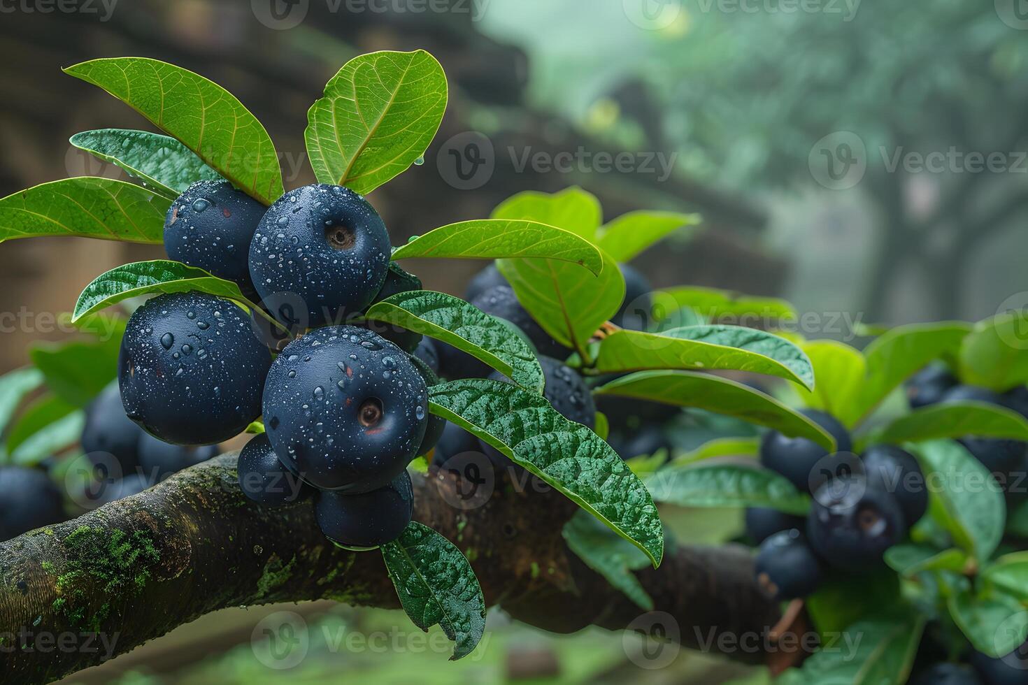 Close-Up of Vibrant Black Fruits with Dew on Green Leaves in a Lush Garden Setting for Nature and Horticulture Stock Photography photo