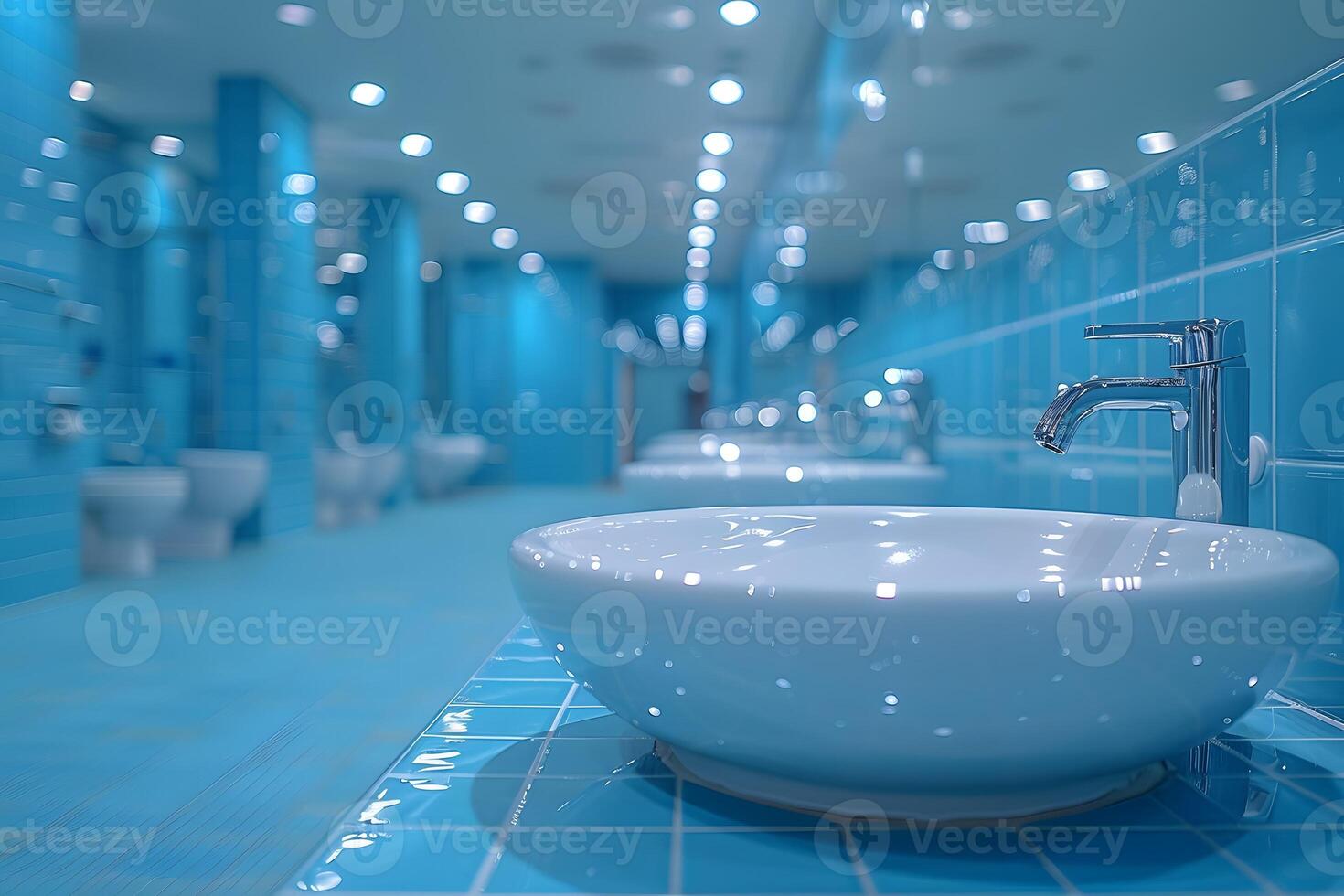 Modern Blue-Tiled Public Restroom with Clean Sinks and Bright Lighting - Design for Print, Poster, Interior Concepts photo