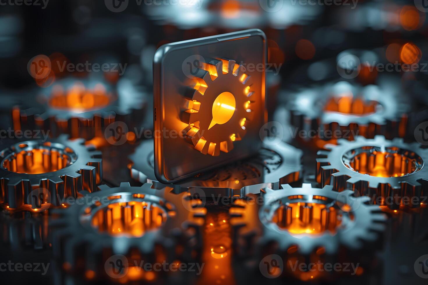 Closeup of Glowing Metal Gears in Mechanical Concept Design for Industry, Technology, and Innovation photo
