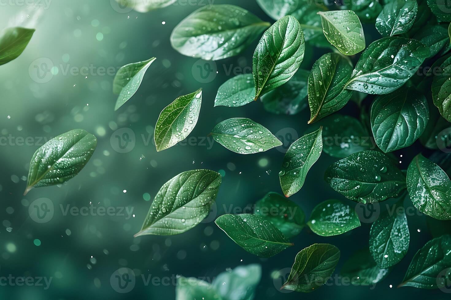 Green Leaves with Water Droplets in Soft Focus Background - Nature, Freshness, Design for Print and Digital photo