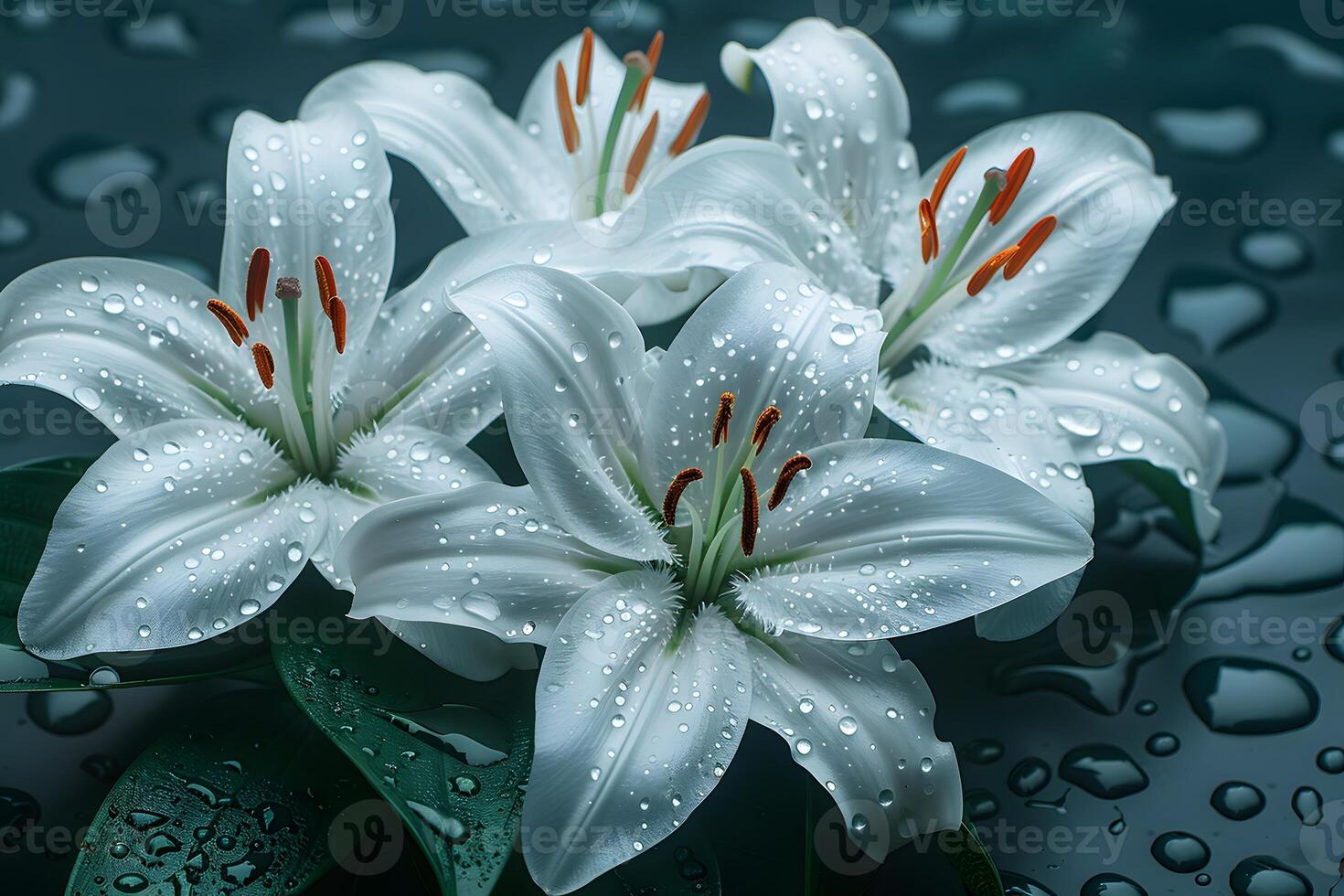 Blooming White Lilies with Dew Drops - Perfect for Nature Photography, Print, Card, Poster Designs photo