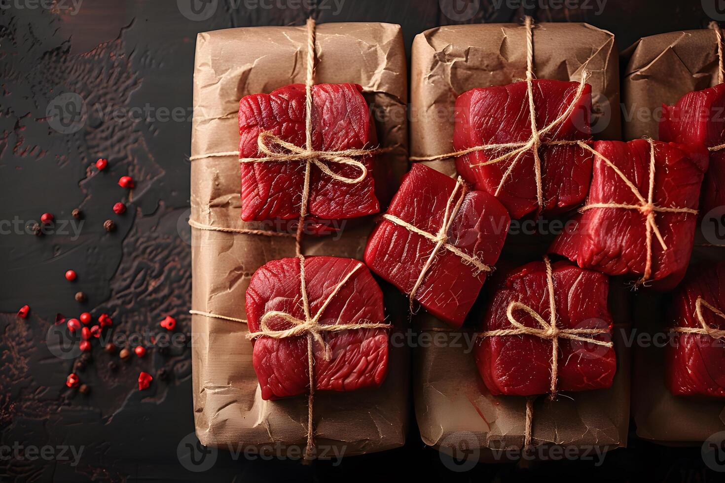 Fresh Raw Beef Cuts Tied with String on Butcher Paper - High-Quality Food Photography for Culinary Projects photo
