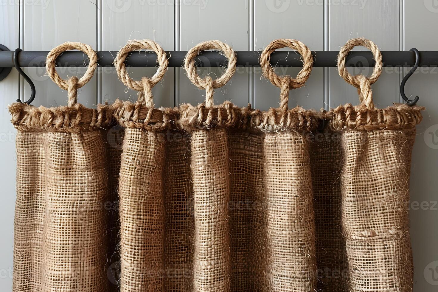 Rustic Burlap Curtains with Rope Loops for Home Decor and Farmhouse Style photo