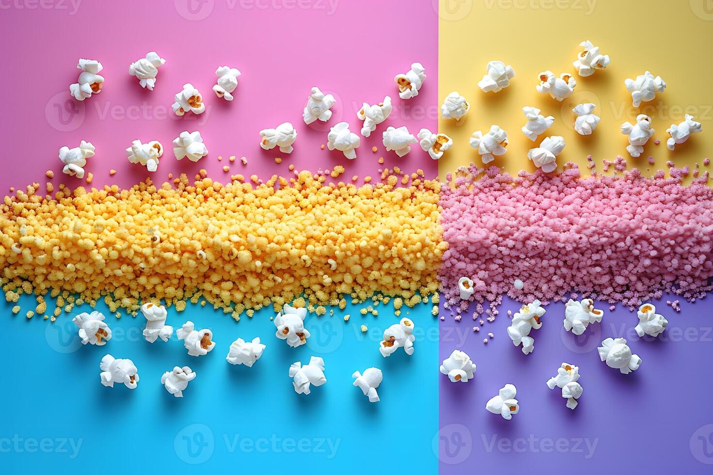 Colorful Popcorn and Candied Treats on Pastel Background - Fun Snack Selection for Design, Card, Poster photo