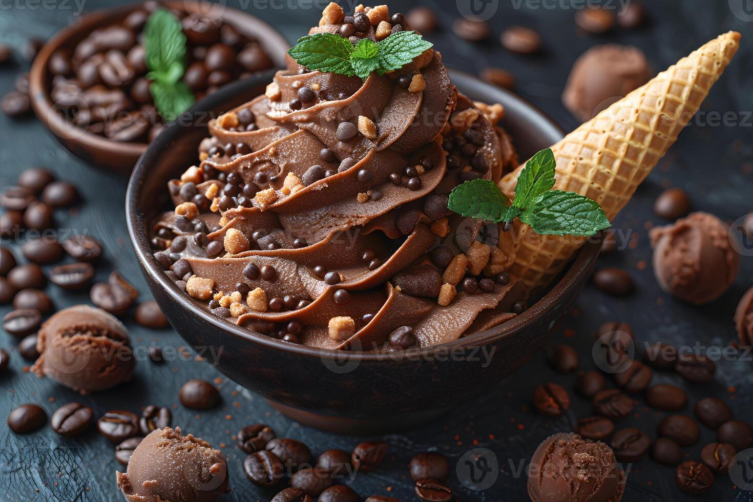 Decadent Chocolate Ice Cream with Waffle Cone and Mint Garnish - Perfect for Dessert Concepts photo