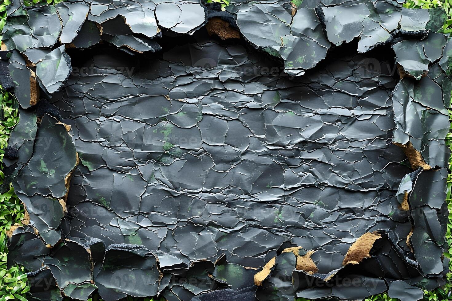 Cracked Dark Slate Surface with Green Foliage Border - Textured Background for Design, Print, Card, Poster photo