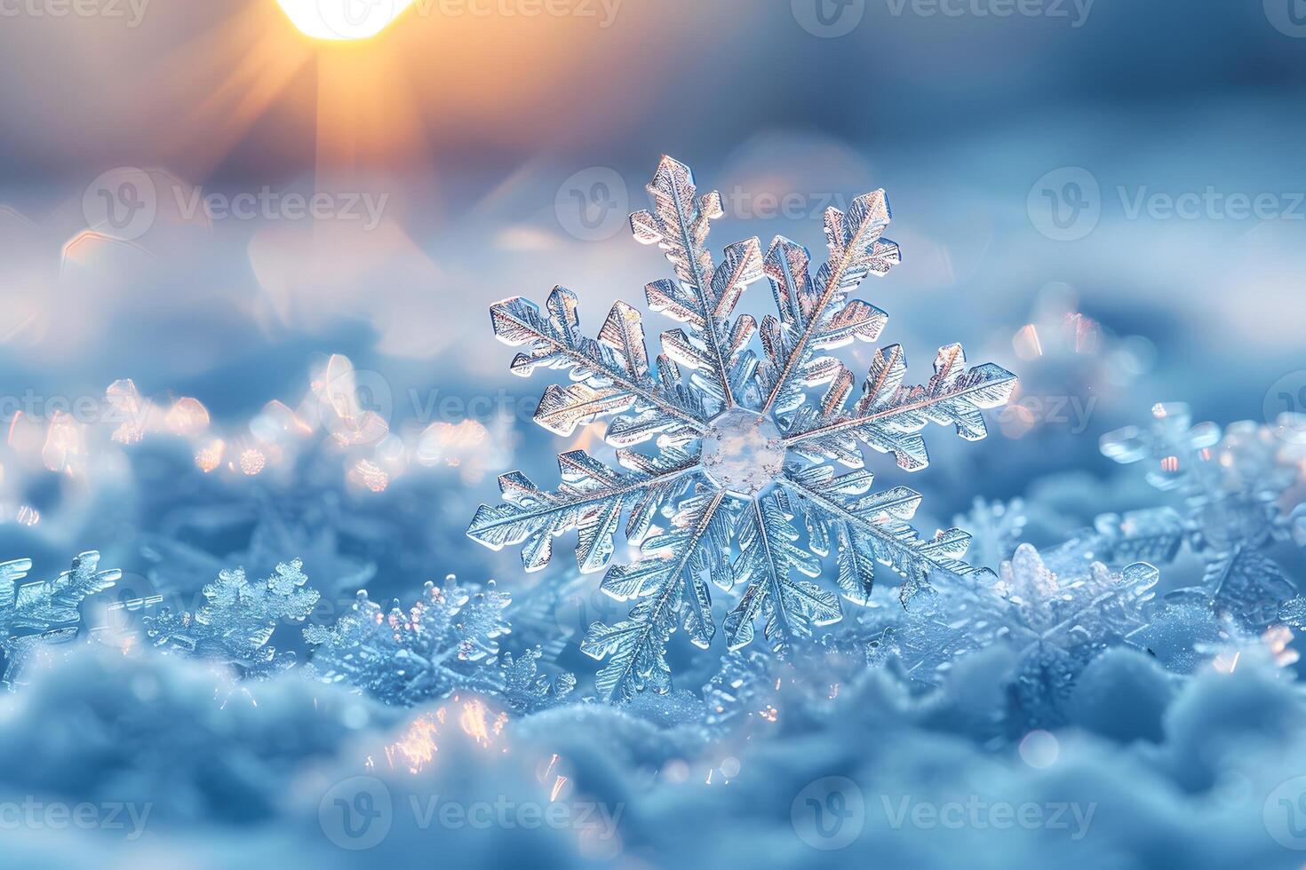 Winter Wonderland Close-Up of Sparkling Snowflakes at Sunrise - Perfect for Holiday Cards, Posters, and Seasonal Designs photo