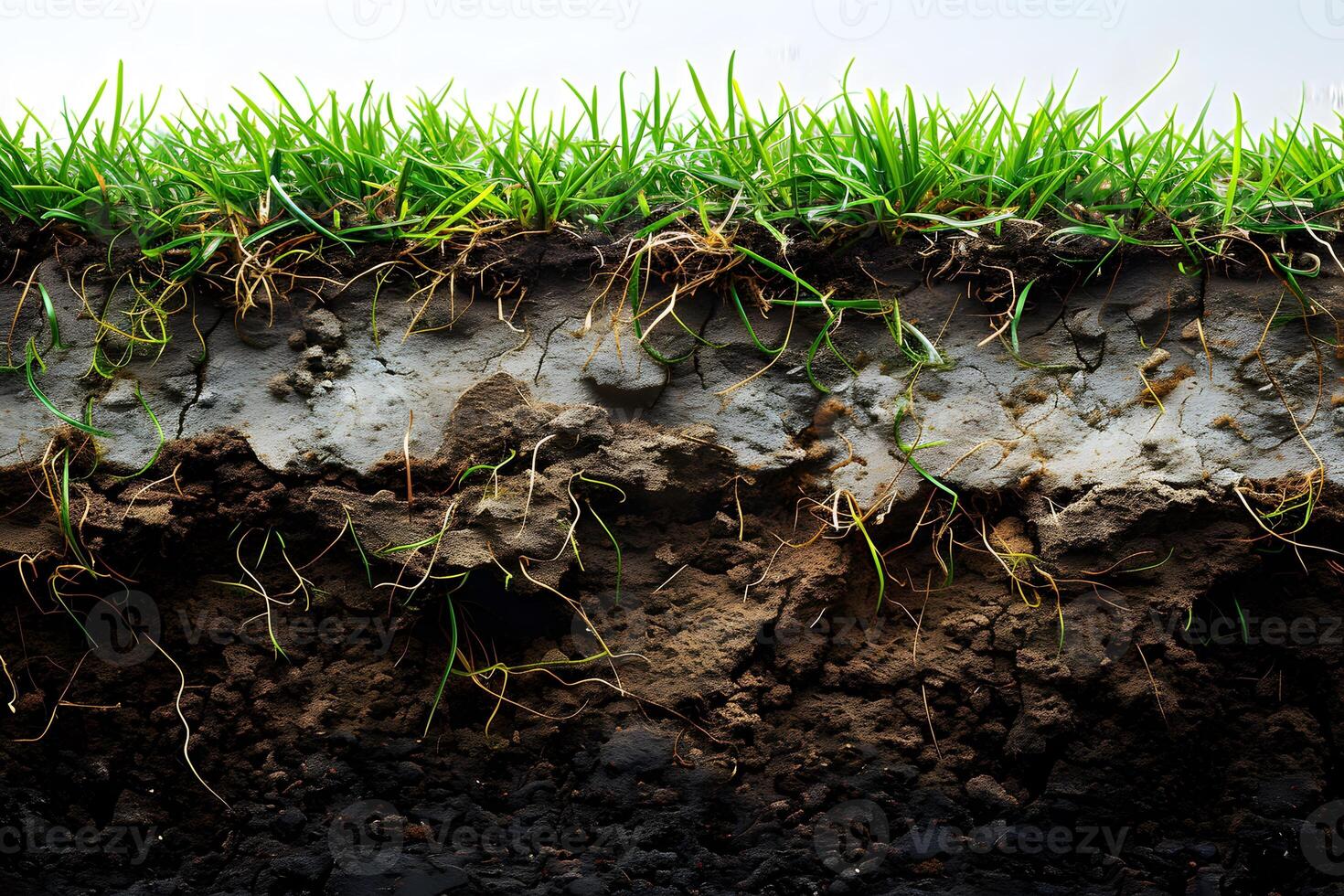 Cross-Section of Vibrant Green Grass with Roots in Detailed Soil Layers Nature Background, Educational Concept photo