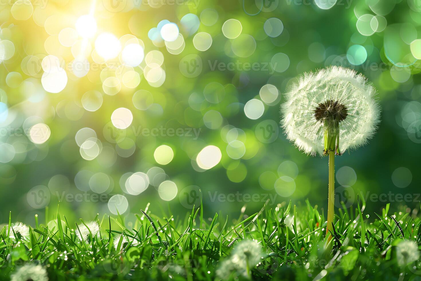 Summer Nature Concept Close-Up of Dandelion with Bokeh Effect in Sunlit Meadow photo