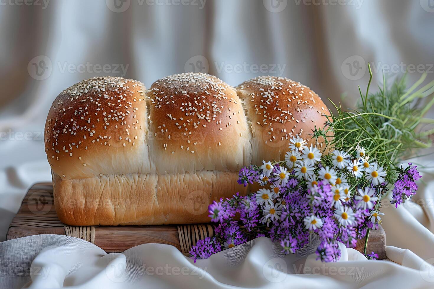 Rustic Loaf of Bread with Sesame Seeds and Fresh Wildflowers on a Wooden Surface Ideal for Culinary and Bakery Themes photo