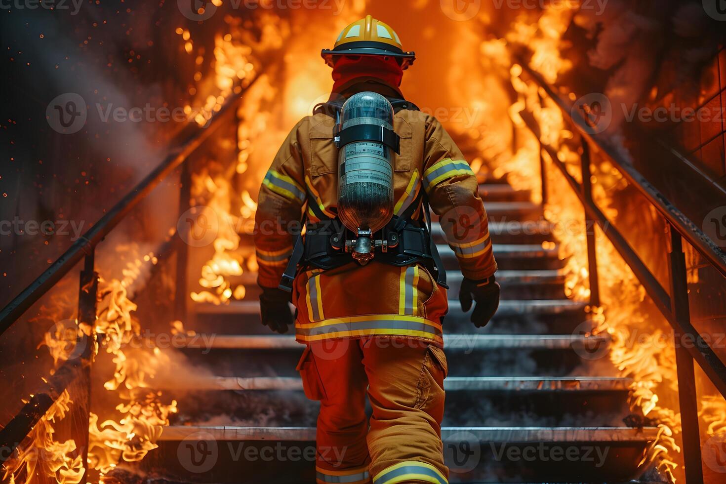 Brave Firefighter Ascending Staircase Amid Intense Flames - Heroic Rescue Mission photo