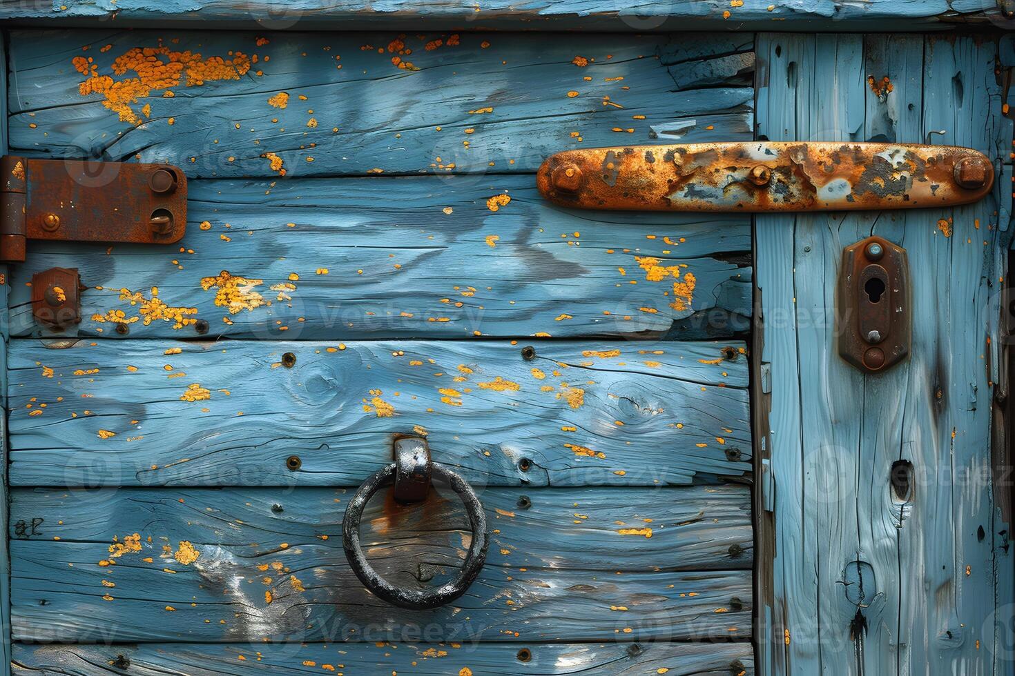 Rustic Blue Wooden Door with Weathered Paint and Rusty Metal Hardware photo