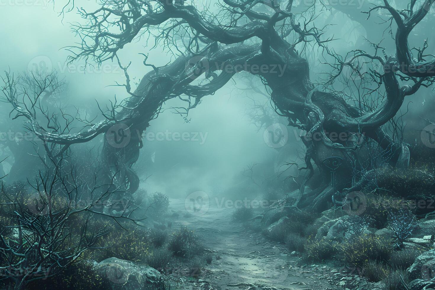 Enchanted Forest Pathway in Mist - Mystical Fantasy Landscape for Halloween Decor, Posters, and Cards photo
